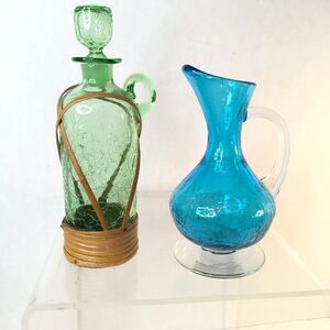 2 Vtg Art Glass Crackle Glass Pitcher Decanters Green And Blue  Mid Century
